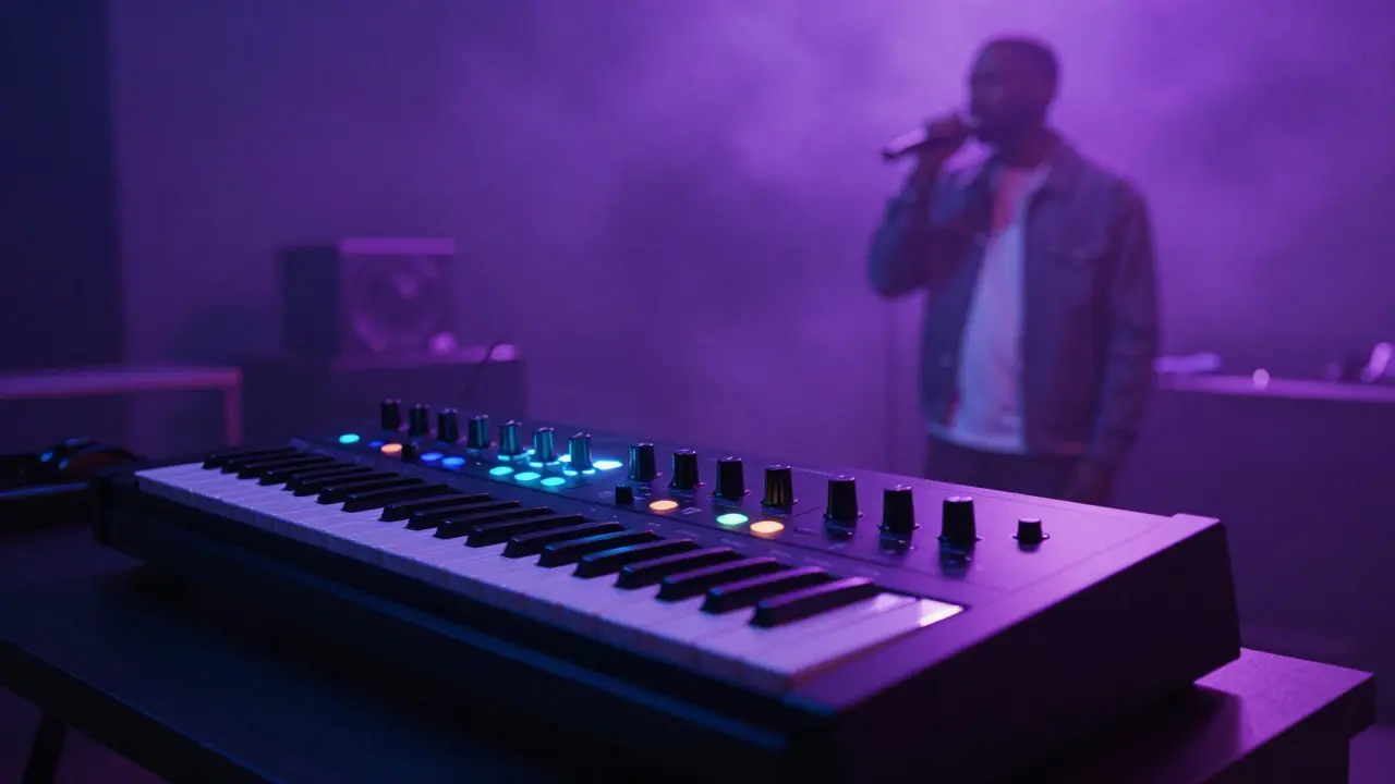 Modern music studio with neon lights and a silhouette of a singer representing contemporary R&amp;B.