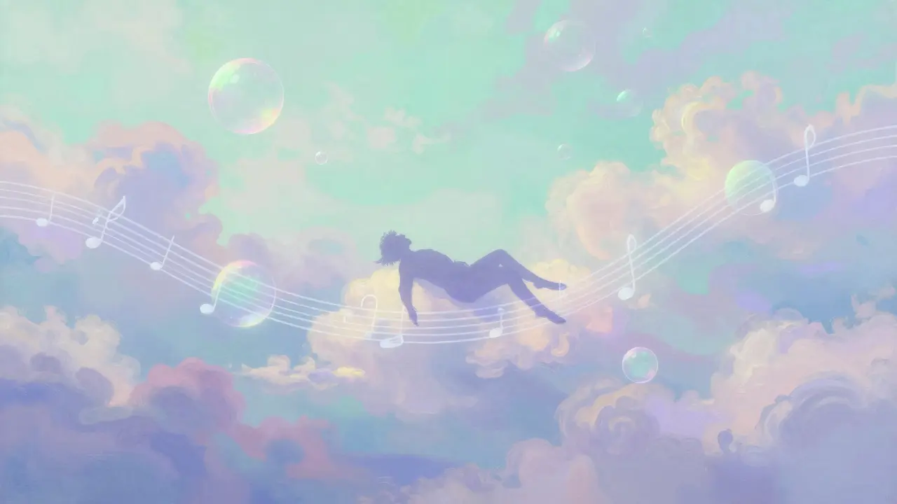 Silhouette floating in a surreal sea of pastel clouds and translucent musical notes
