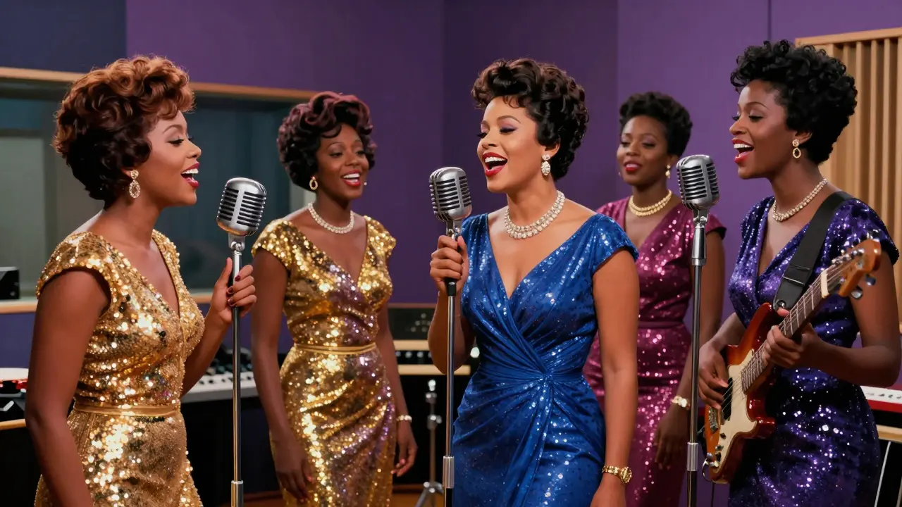 Stylized illustration of a Motown vocal group singing into a vintage microphone in a studio.
