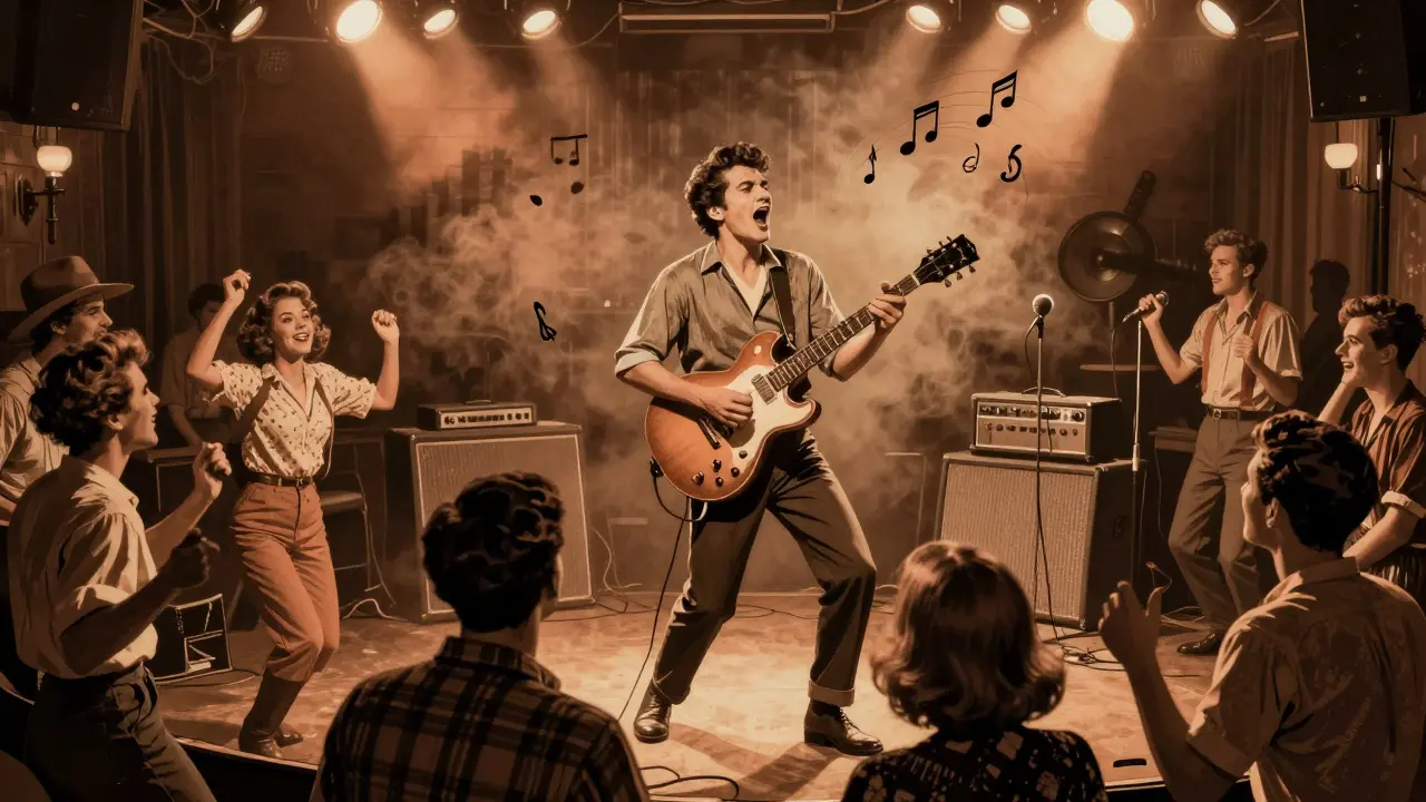 1950s musician playing electric guitar in a smoky club