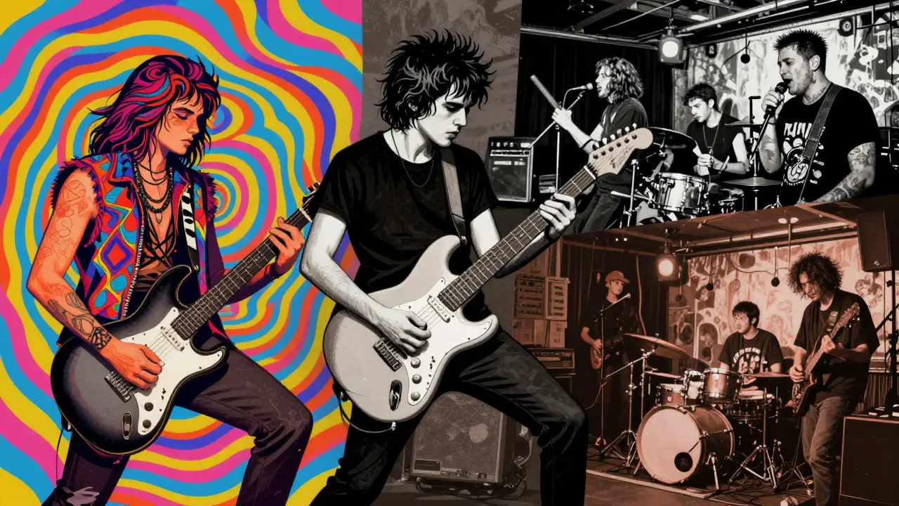 Abstract art showing evolution of rock music subgenres