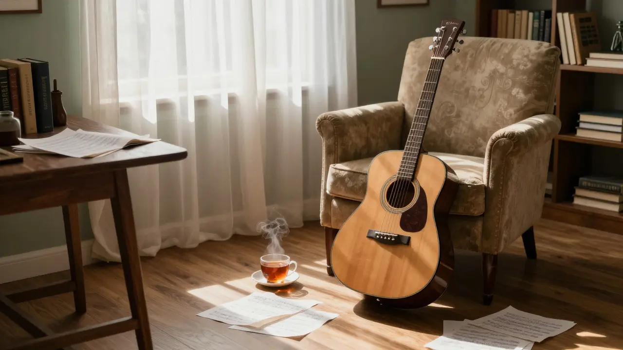 Acoustic guitar leaning in a cozy room with morning light and books