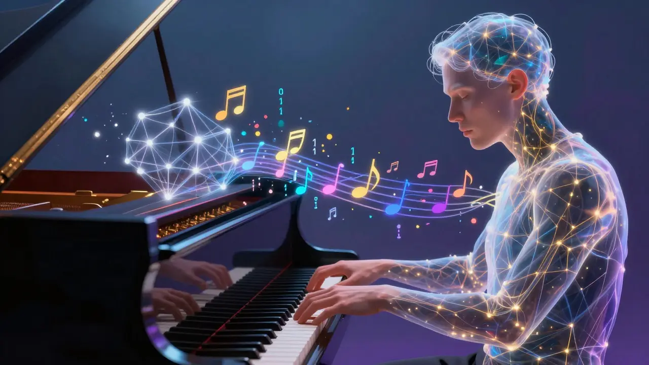 AI neural network merging with a pianist's hands in abstract digital art.