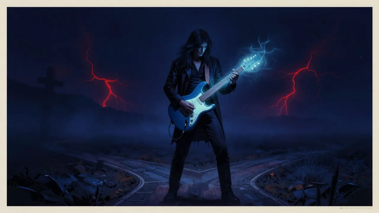 Artistic depiction of blues guitarist at a mystical, foggy crossroads at night