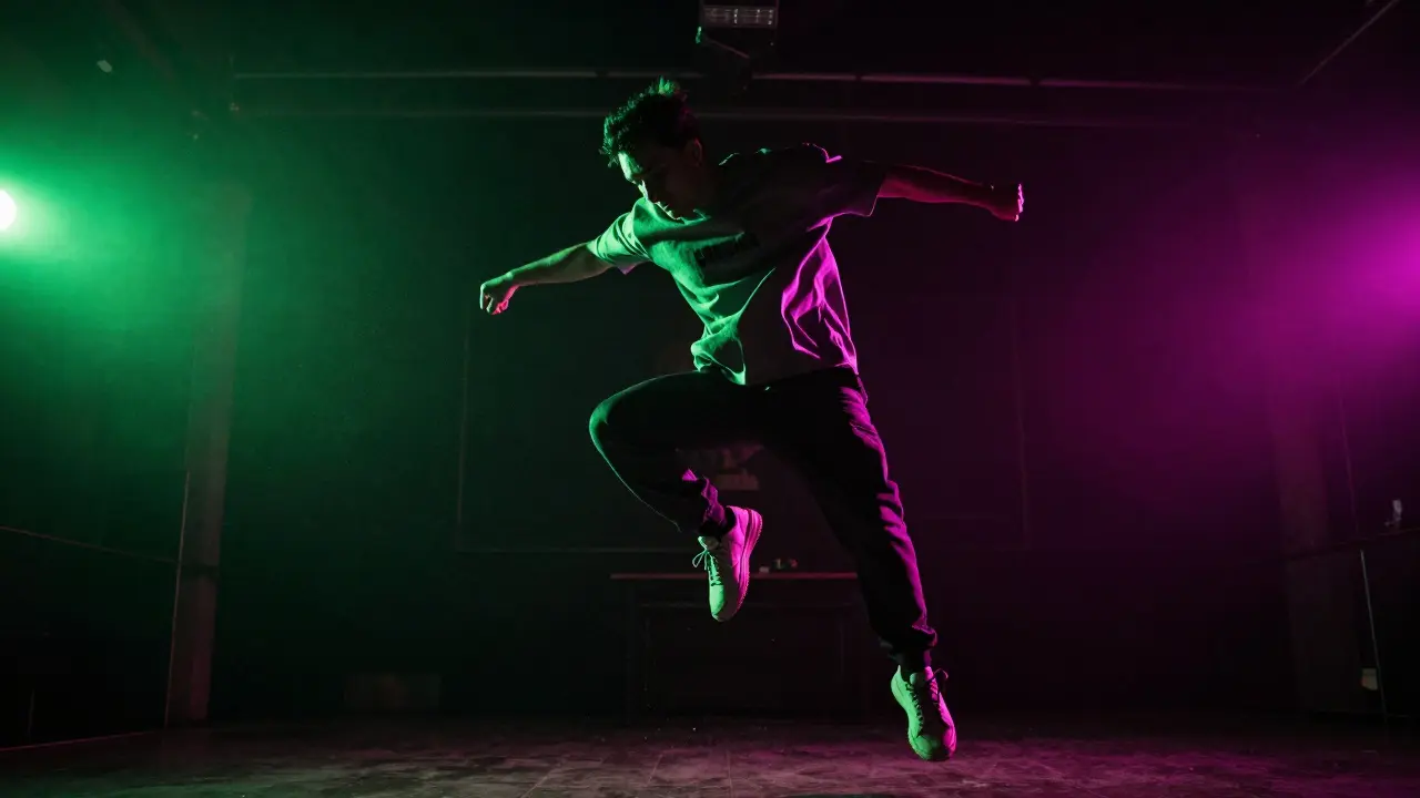 Dancer jumping energetically in a dark club with neon lights