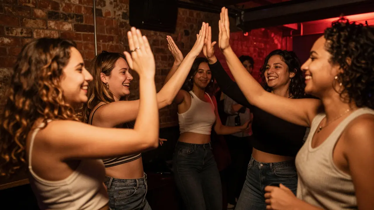 Friends smiling and high-fiving while dancing in a club