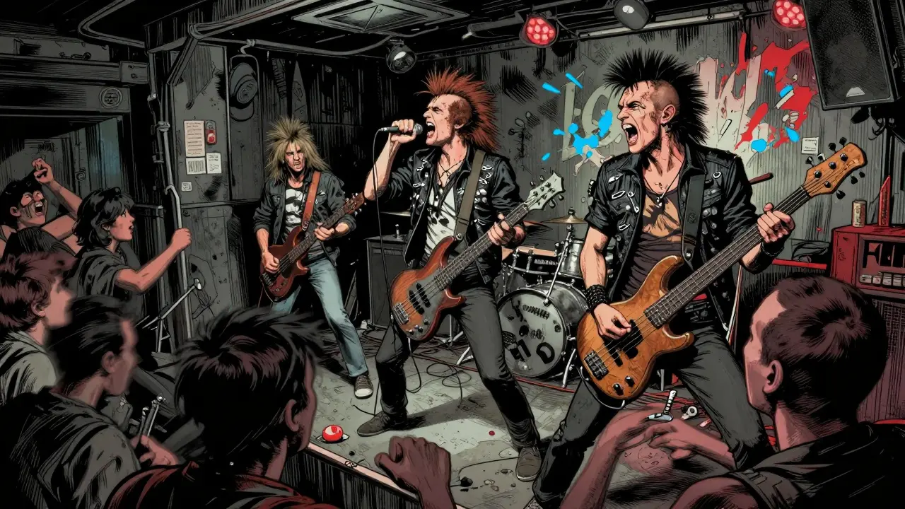 Gritty comic scene of a punk band performing aggressively in a dark club