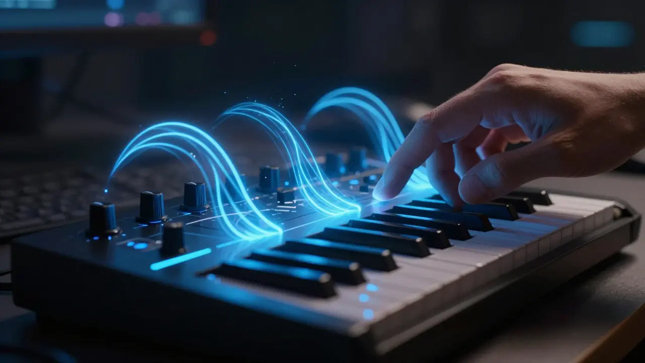 Musician playing haptic MIDI controller with light effects