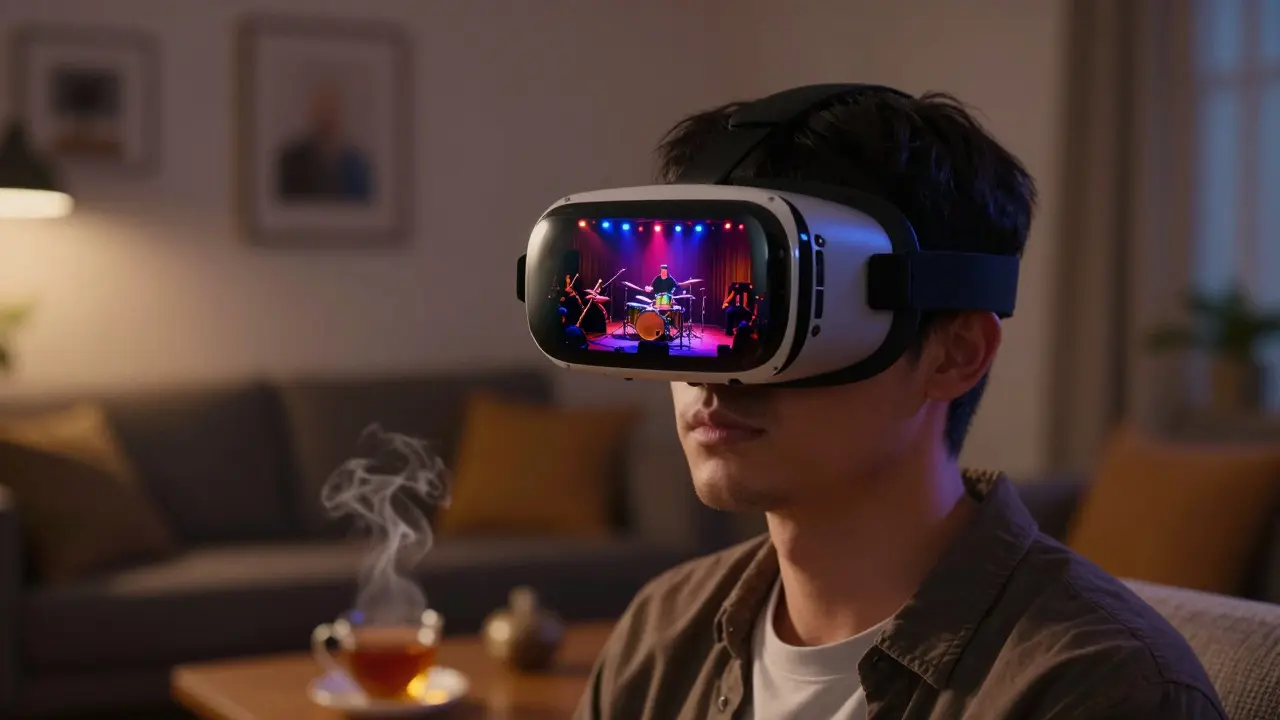 Person wearing VR headset experiencing a virtual jazz concert at home.