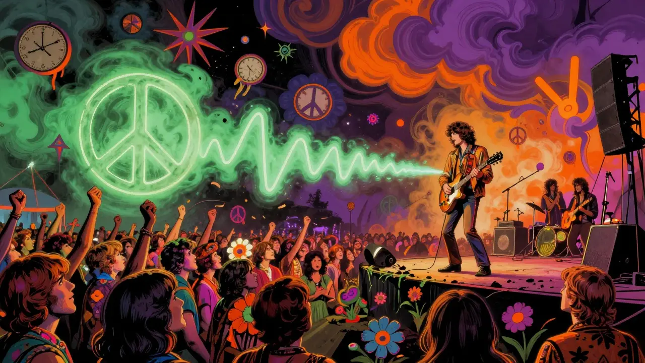 Psychedelic comic of a 1960s rock festival with swirling colors and protest vibes