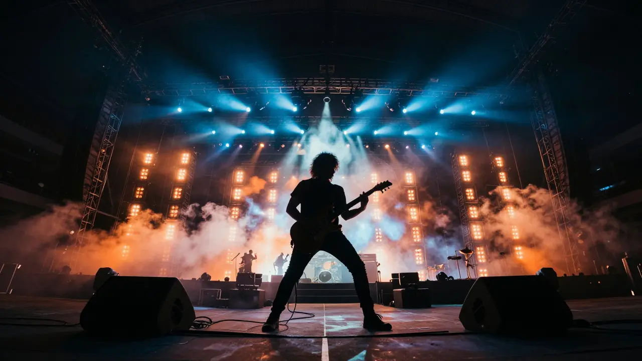 Rock guitarist performing energetically in front of large amplifiers at a concert