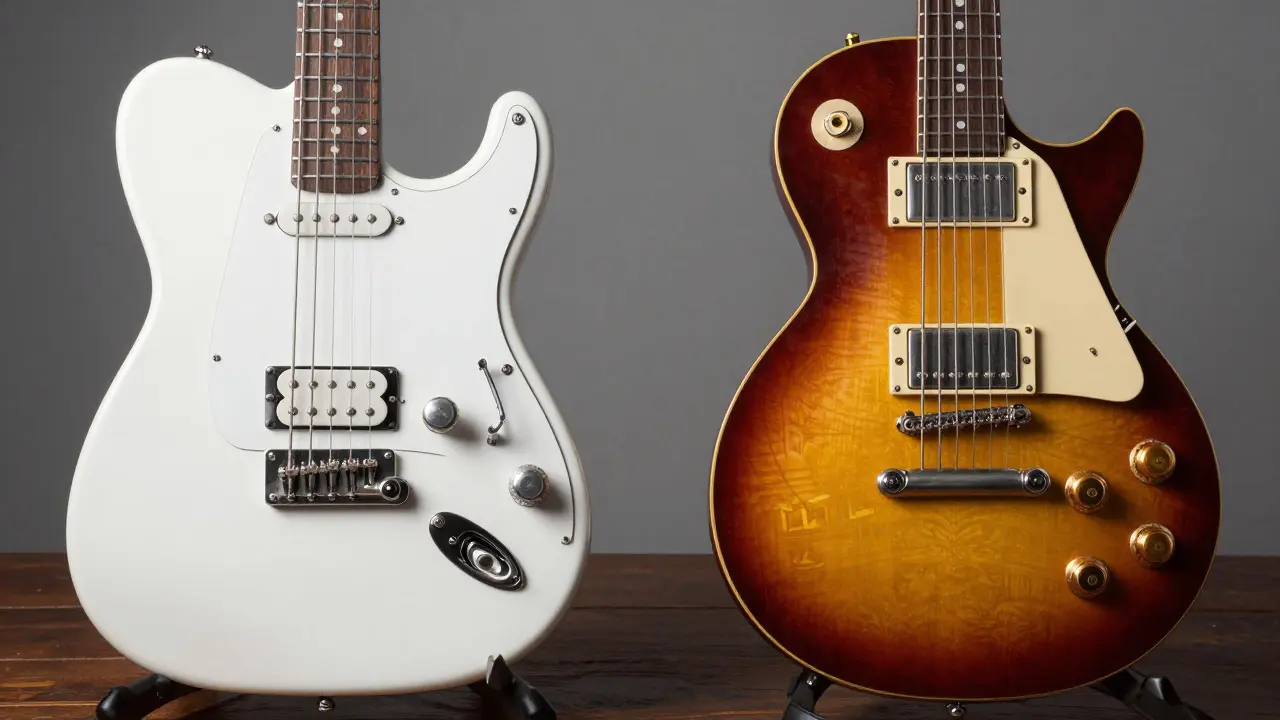 White Fender Telecaster and sunburst Gibson Les Paul guitars side by side