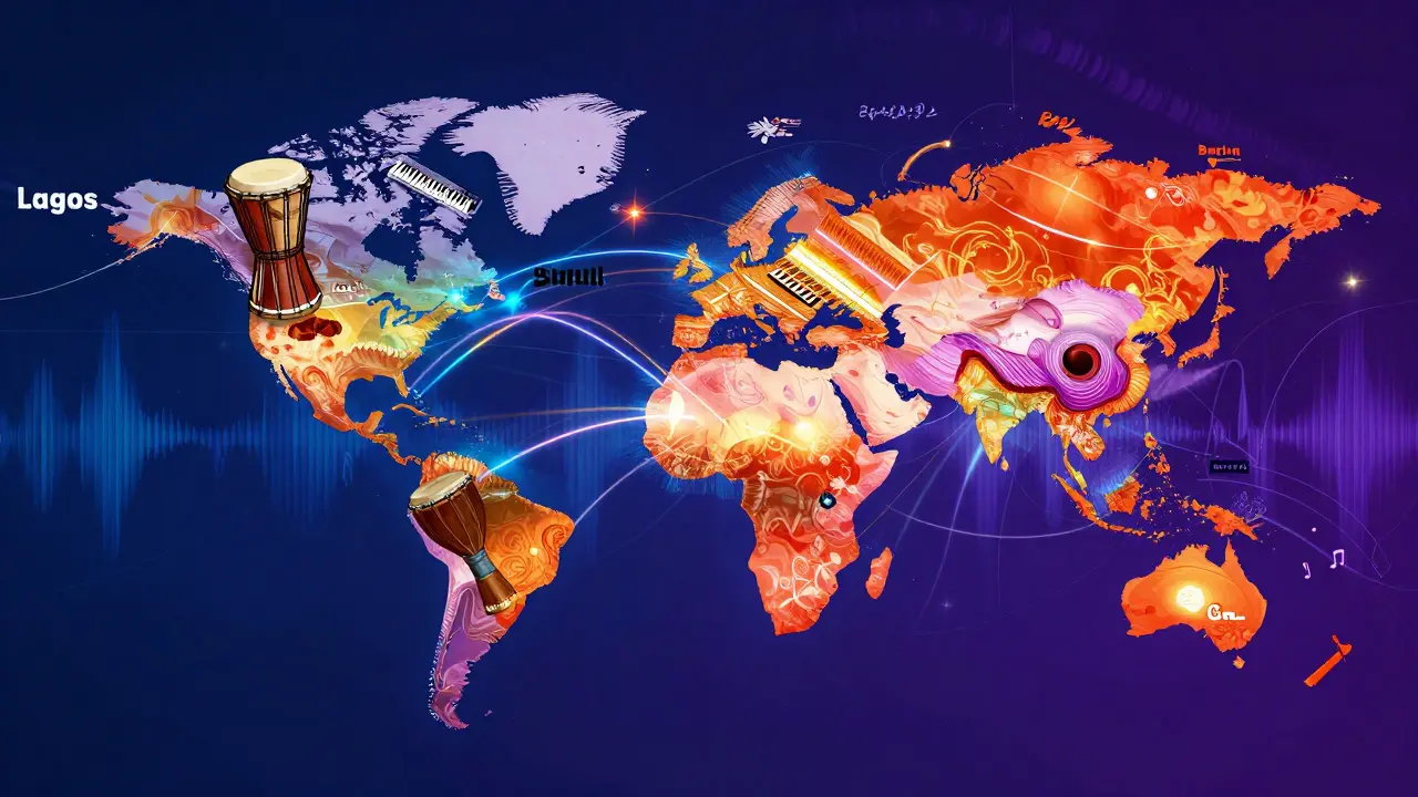 Abstract art showing global music fusion connecting cities via soundwaves