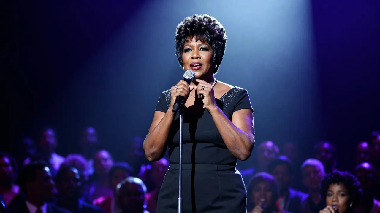 Aretha Franklin performing passionately on stage under spotlights