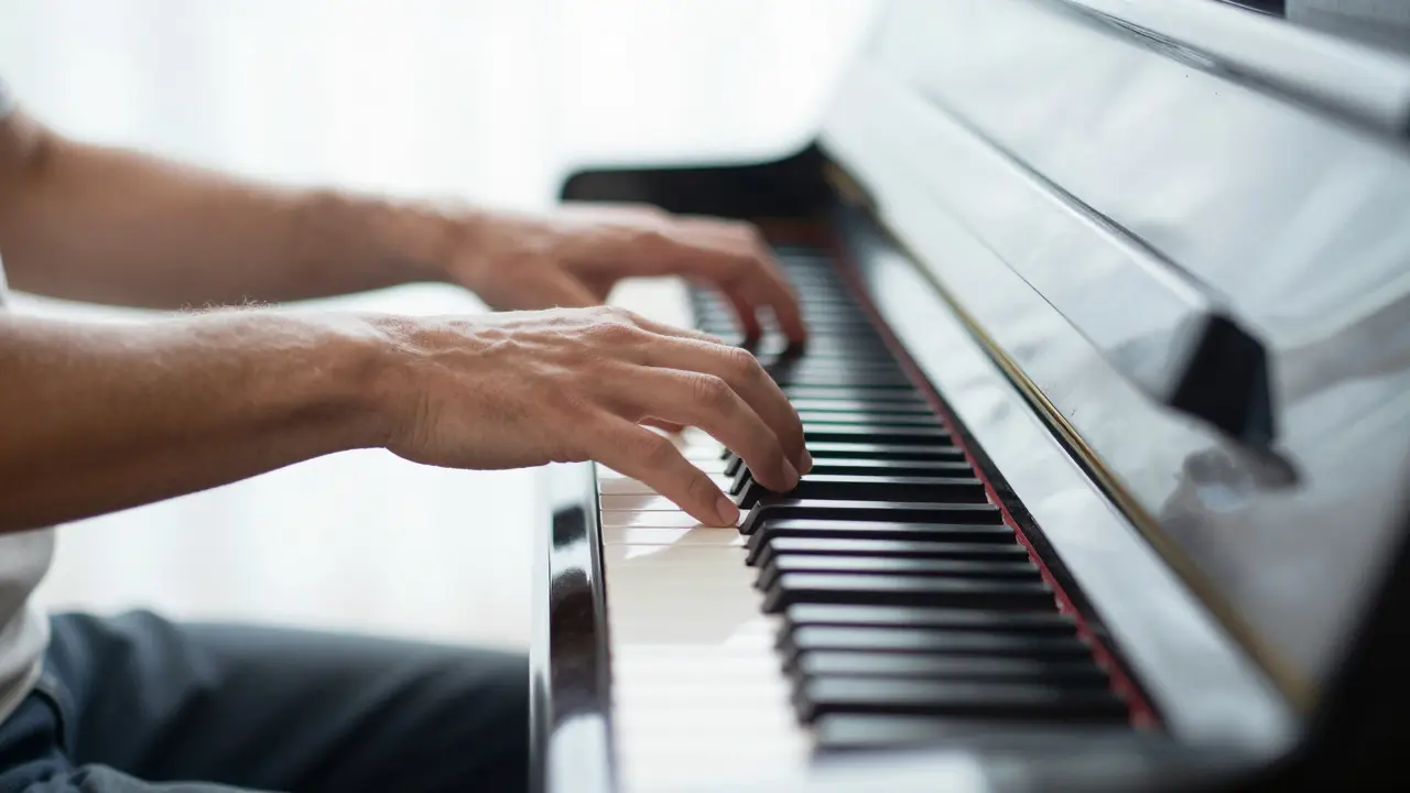 Blurred hands moving rapidly over piano keys showing speed