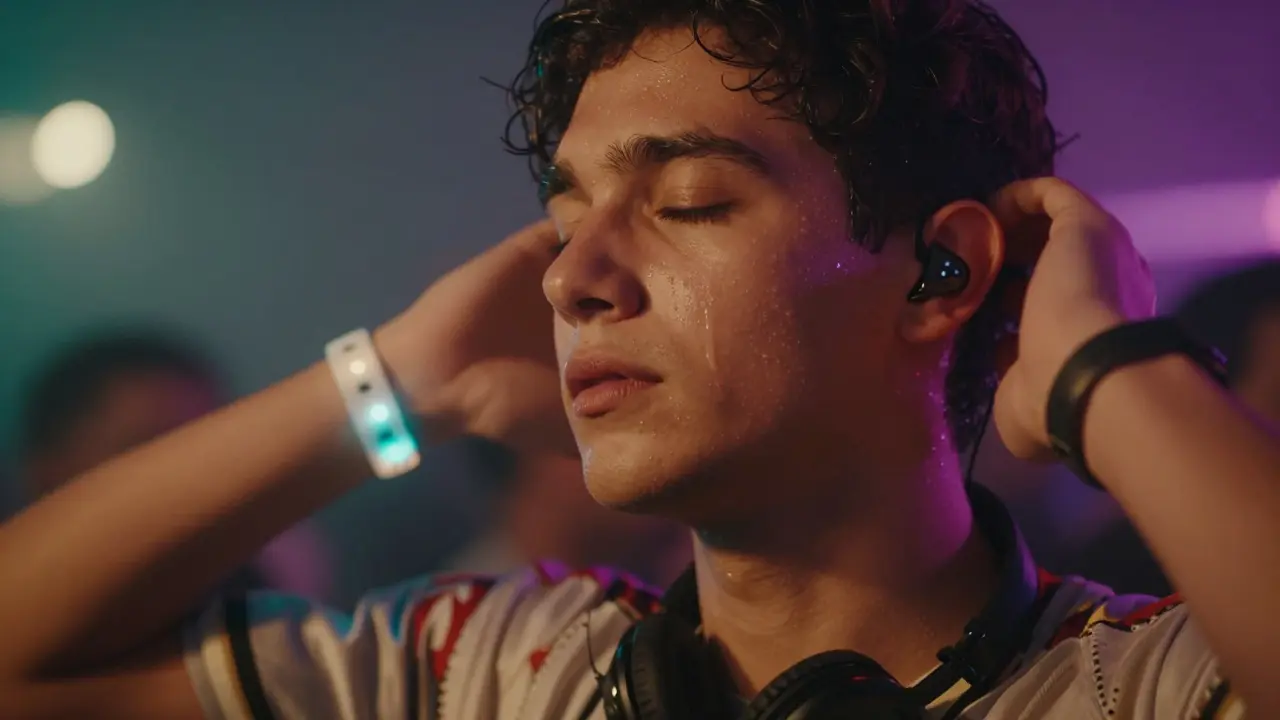 Close-up of a raver with earplugs enjoying the music's emotional impact