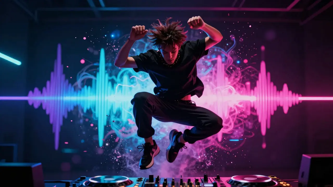 Dancer jumping explosively during a dubstep beat drop with neon motion blur