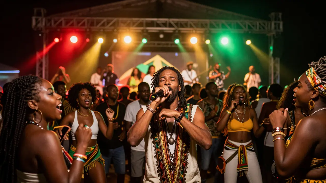 Diverse crowd at a vibrant global reggae festival