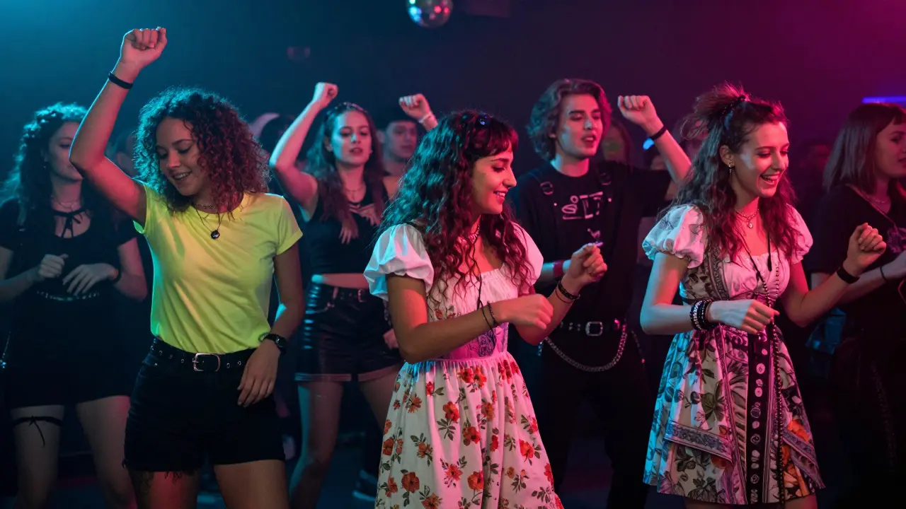 Diverse fans celebrating niche music subcultures in a vibrant club scene
