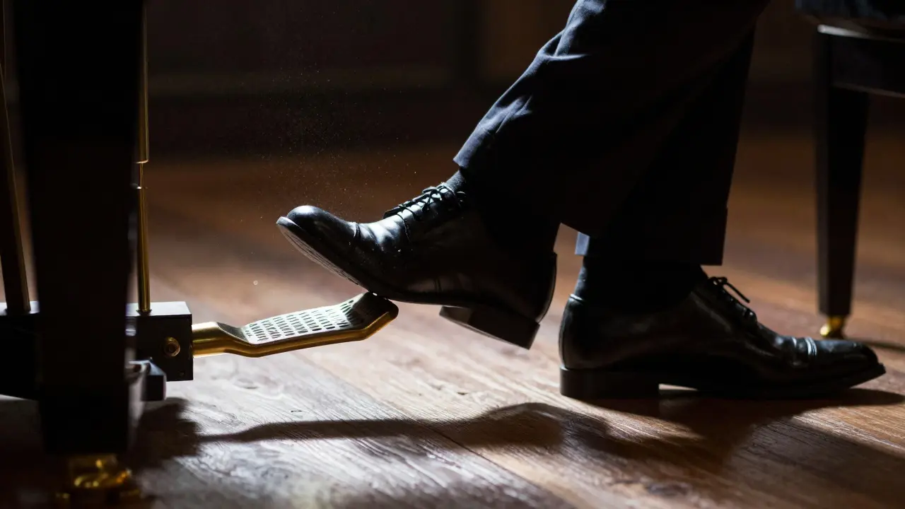 Foot pressing piano sustain pedal with dramatic lighting