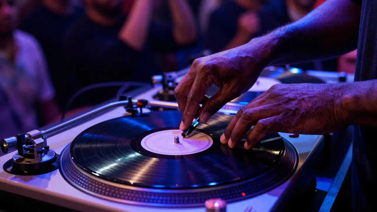 Grandmaster Flash's hands manipulating turntables with precision.