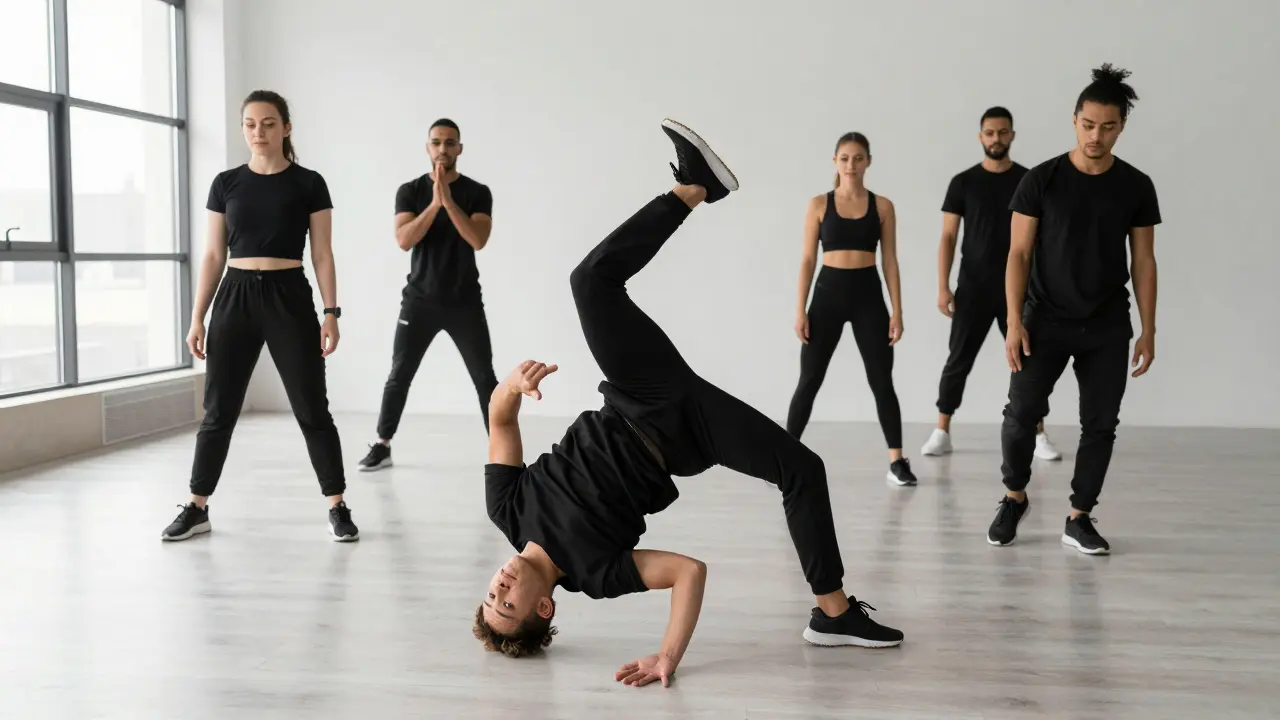 Group doing freestyle dubstep dance moves in a bright fitness studio