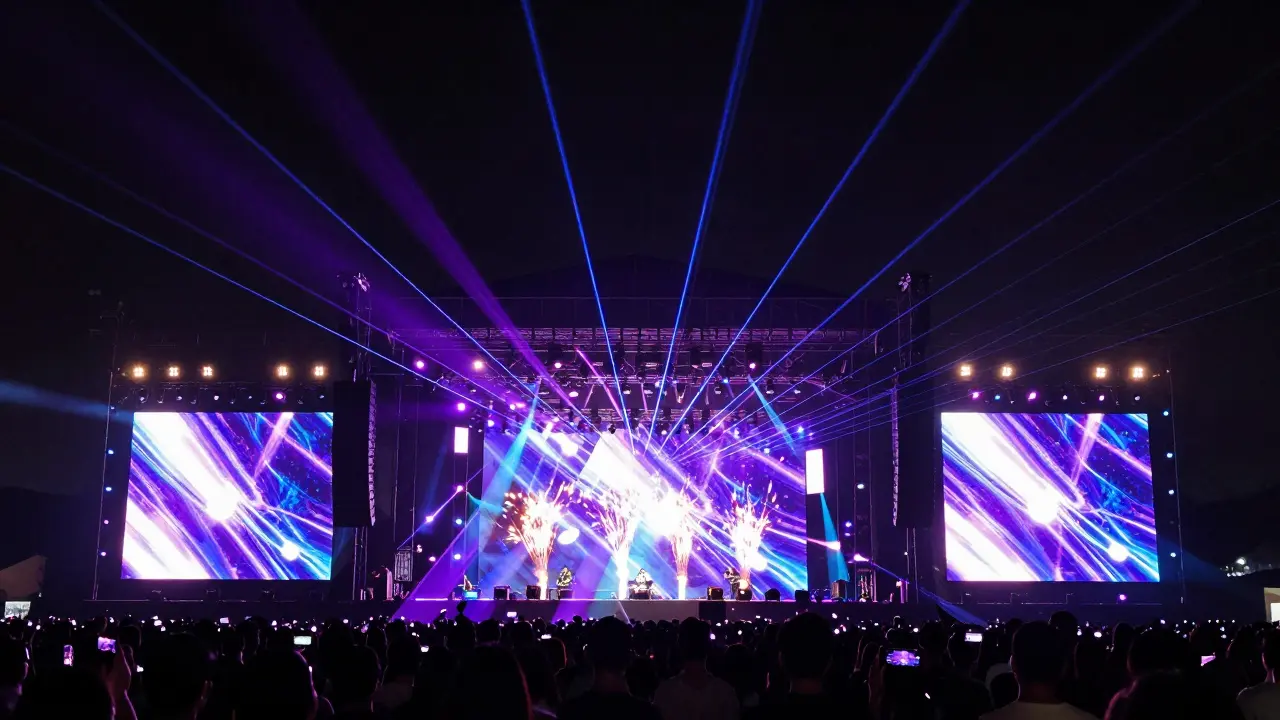 Massive rock concert stage with lasers, LED walls, and pyrotechnics performing for a large crowd.