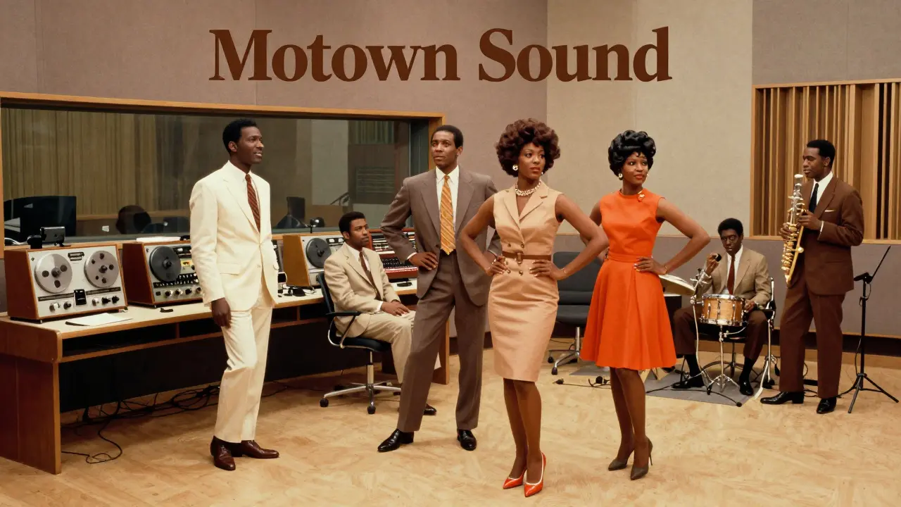 Polished 1960s Motown studio scene with dressed artists and musicians
