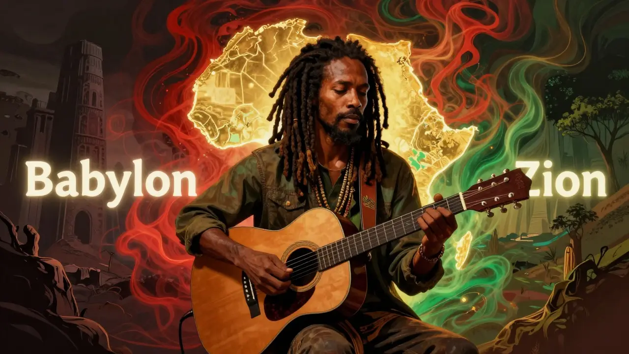 Rastafarian musician with African symbols and colors