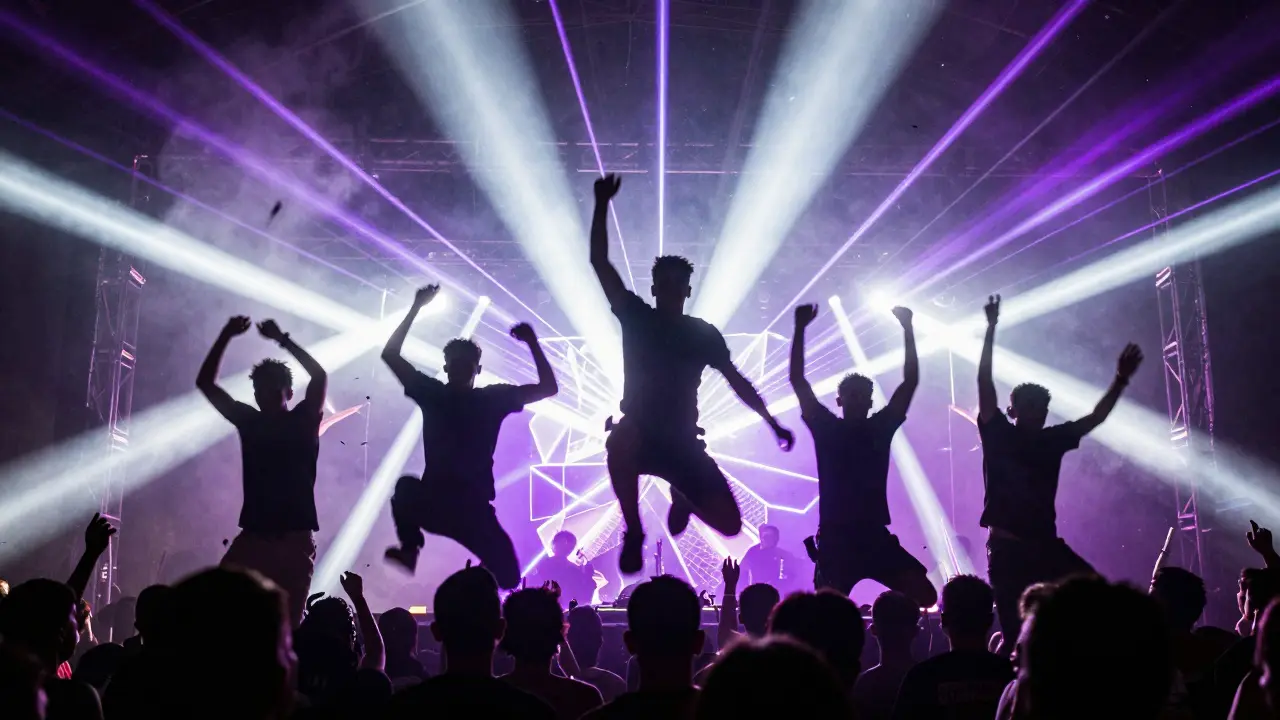 Silhouettes jumping in a mosh pit under bright neon festival lights