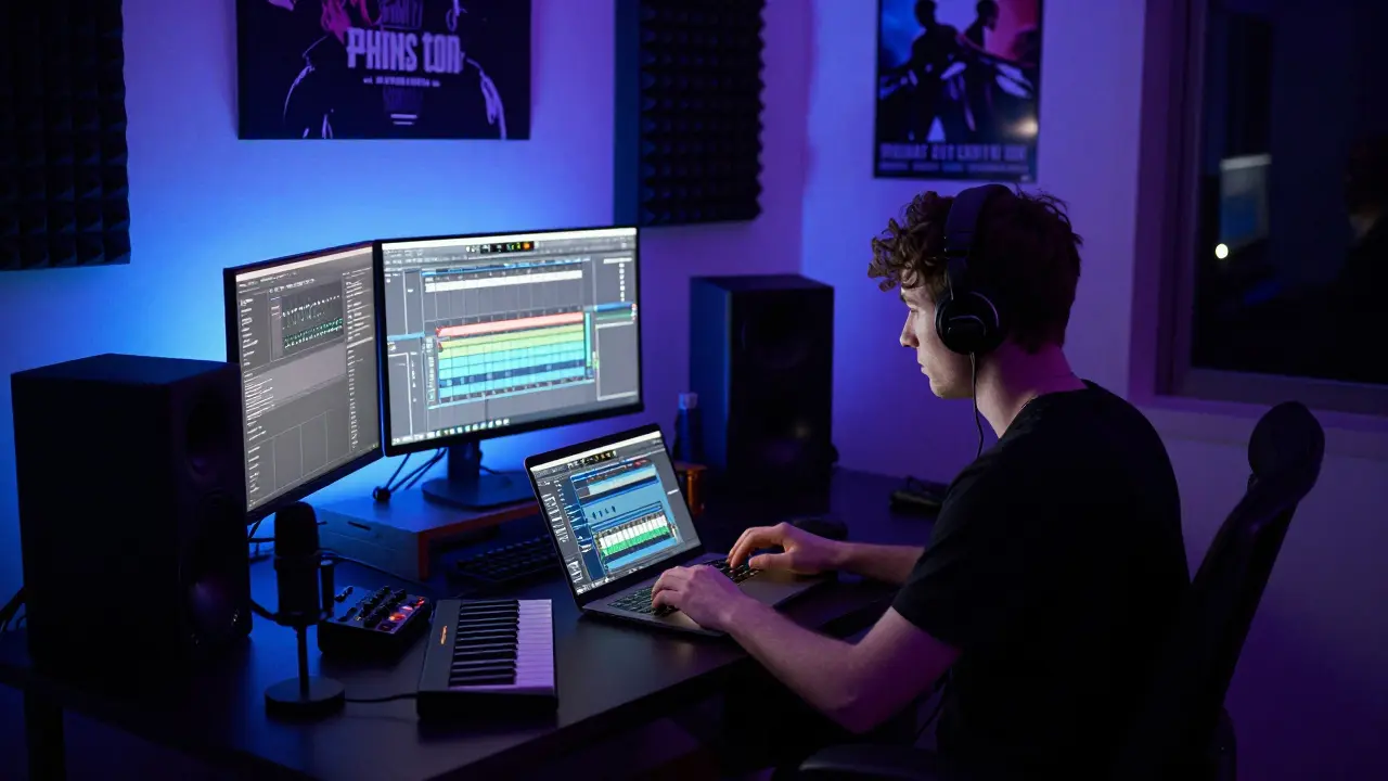 Young musician producing music on a laptop in a dimly lit, LED-illuminated bedroom studio.