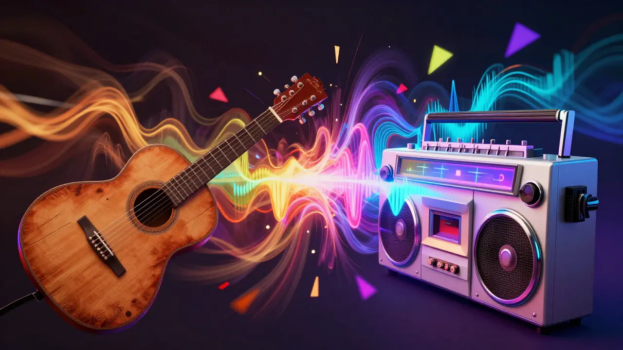 Abstract art showing country and hip-hop elements merging into a vibrant swirl of hybrid soundwaves.