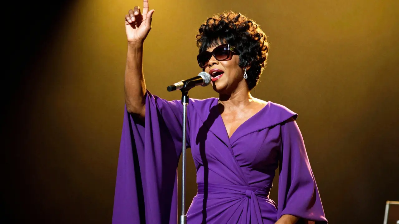 Aretha Franklin singing passionately on stage in a purple gown
