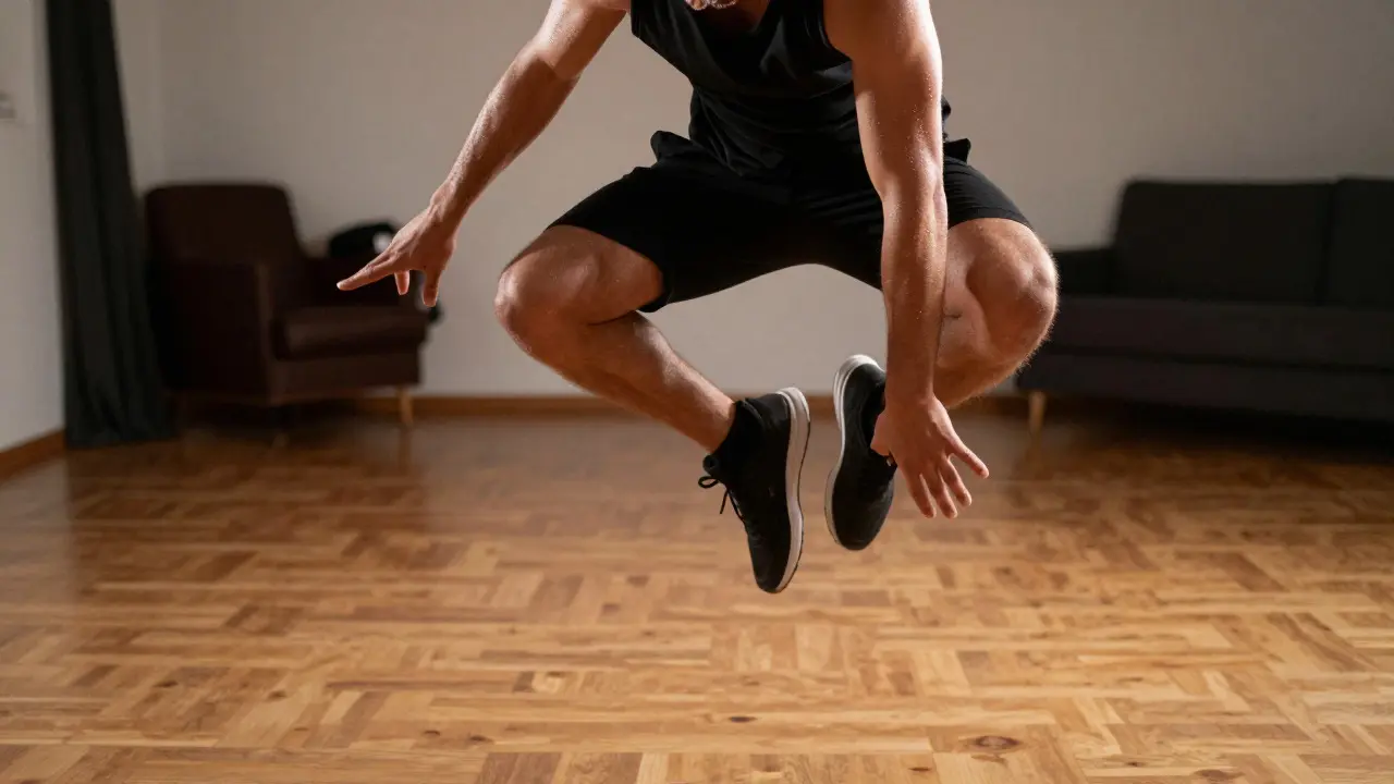 Athlete performing high-intensity jump during dubstep workout