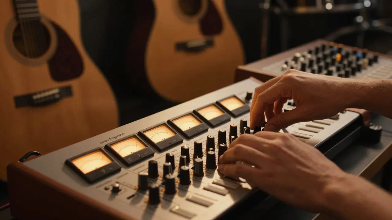 Close-up of a producer's hands adjusting analog synthesizer knobs in a warmly lit music studio.