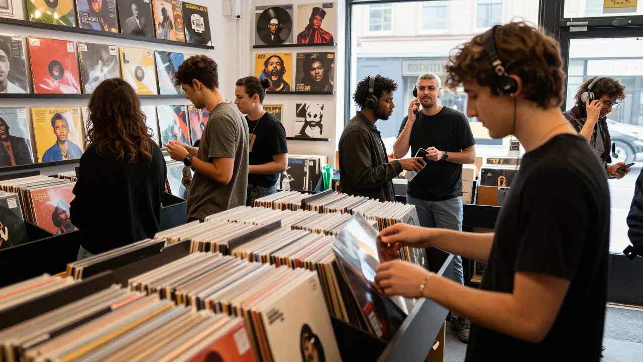 Diverse crowd browsing vinyl records in a sunny record store