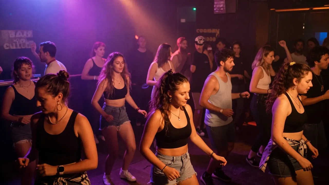Diverse crowd dancing together at vibrant underground rave