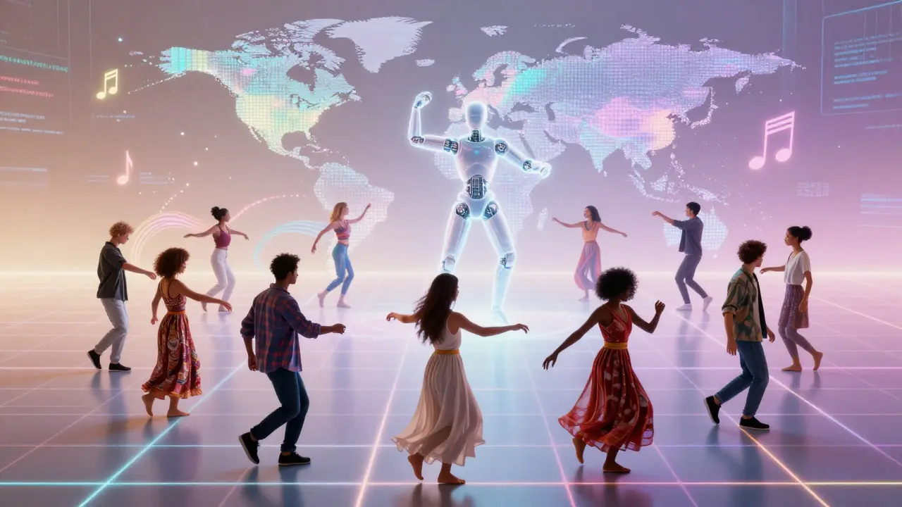 Diverse dancers in VR space with AI robot mirroring their moves