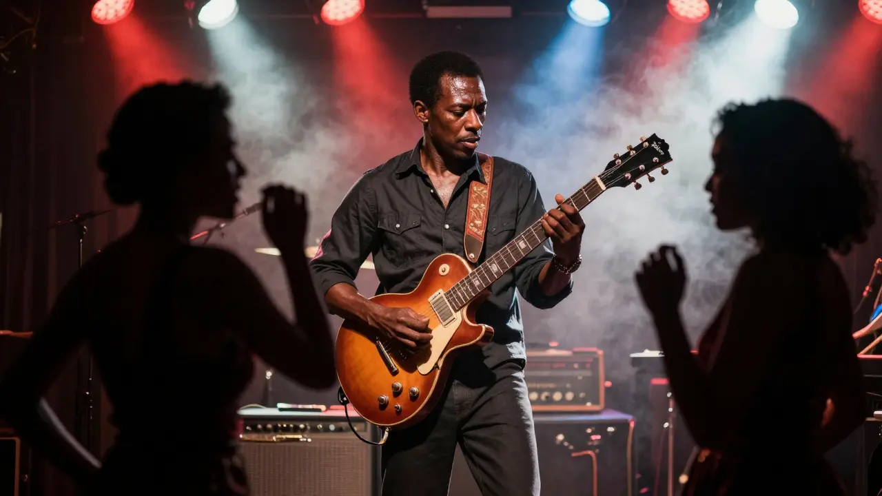 Electric guitarist performing energetically in a smoky Chicago blues club
