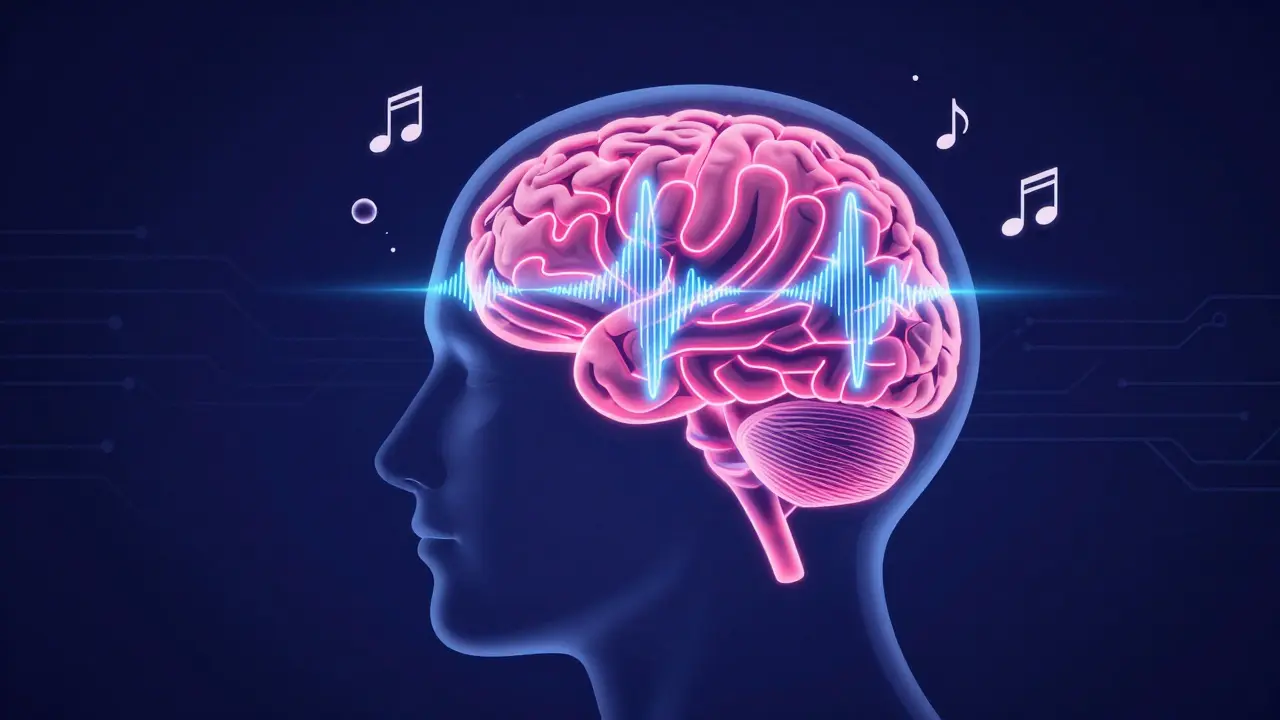 Illustration of brain processing music rhythms and dopamine