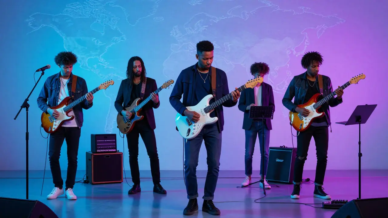 Modern diverse band fusing blues with electronic elements on a neon-lit stage