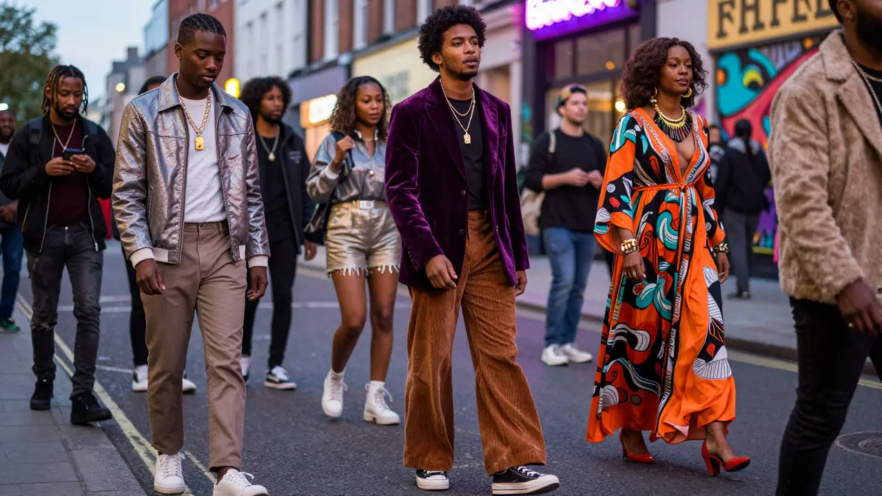Modern street style inspired by 70s soul fashion with wide-leg pants and velvet.