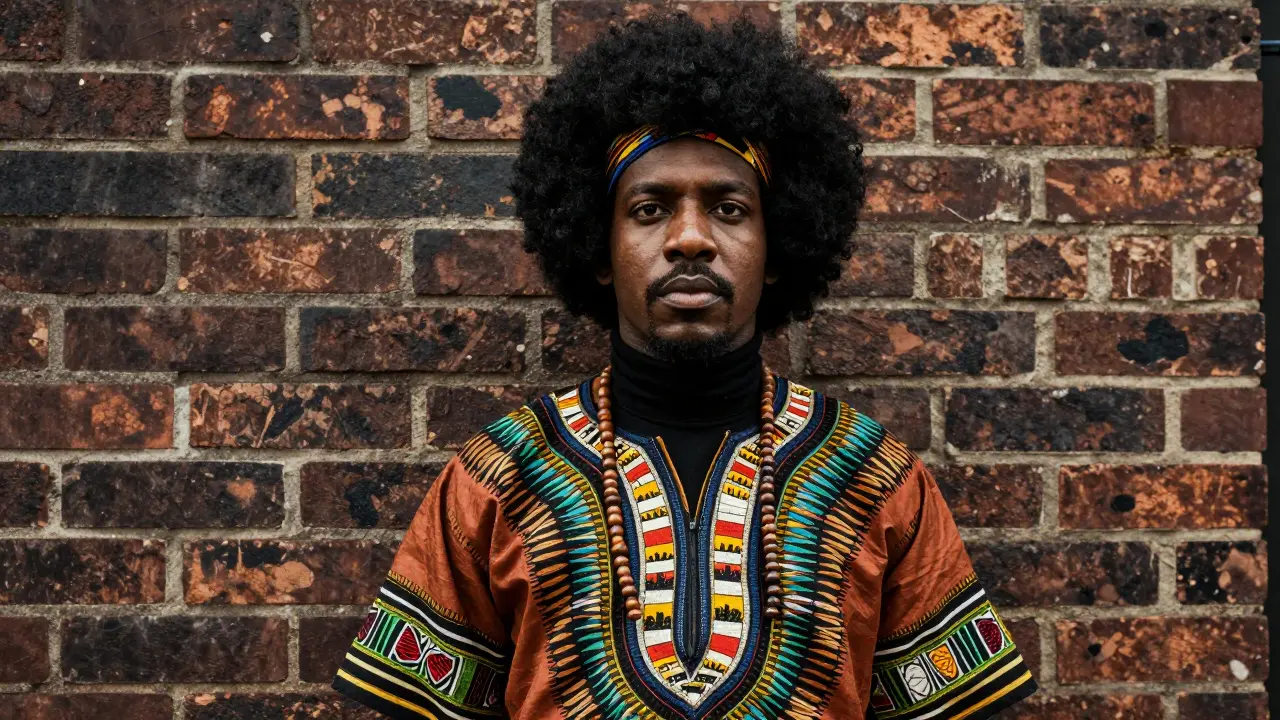 Portrait of person with afro wearing dashiki, symbolizing Black Power fashion.