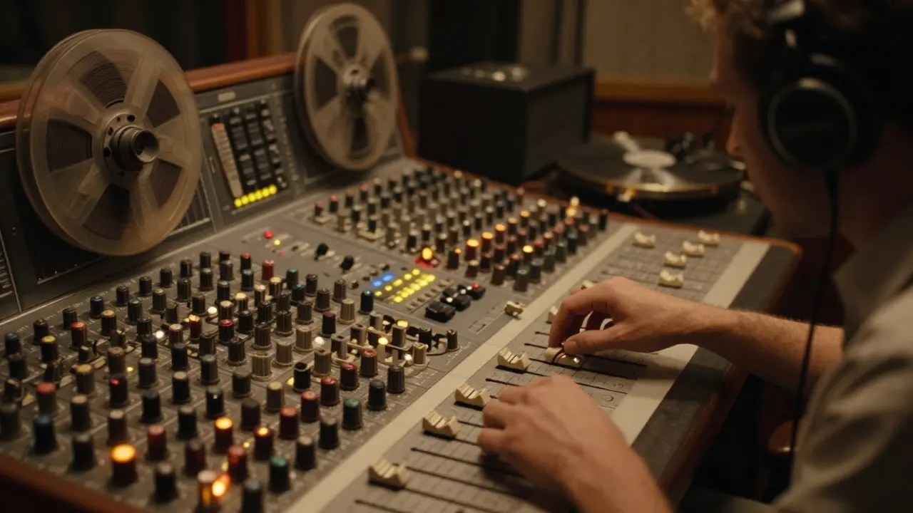 Producer adjusting analog mixing console in a vintage dub music studio