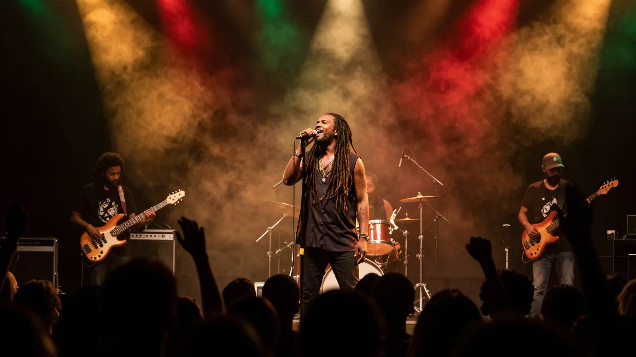 Reggae singer performing on stage with red, gold, and green lighting