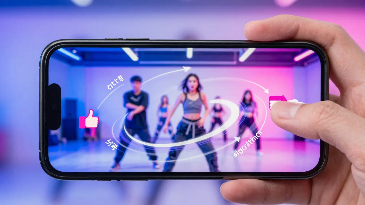 Smartphone displaying viral dance trend with digital engagement graphics