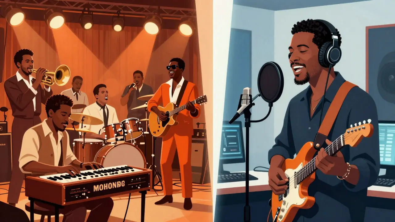 Split image comparing 1960s live soul band and modern studio