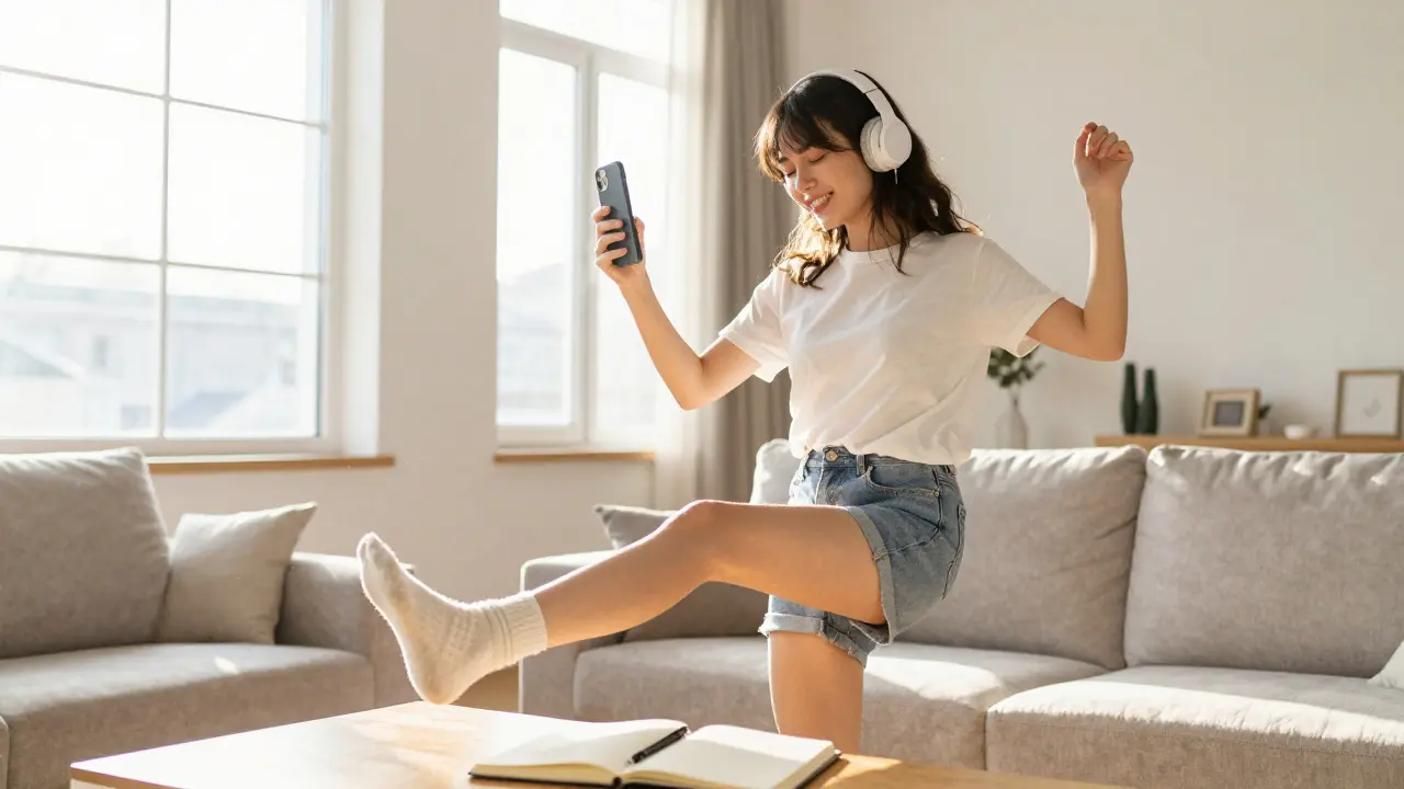 Woman dancing joyfully at home while listening to pop music