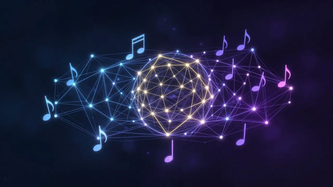 Abstract visualization of music theory concepts and note connections