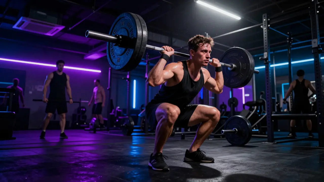 Athlete lifting weights in a neon-lit, high-energy industrial gym